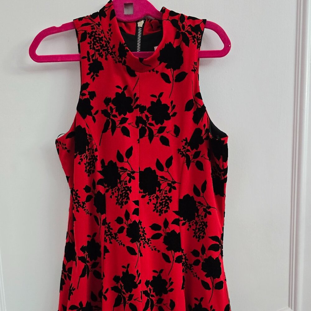 Red and black floral, sleeveless dress.